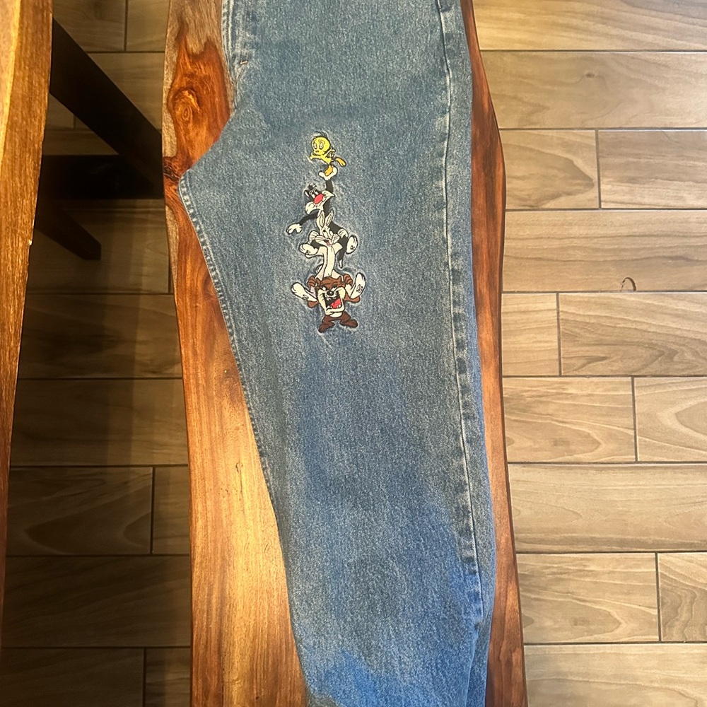Vintage Blue Denim Jeans with Cartoon Looney Tunes Patch